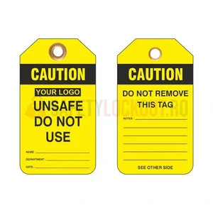 Etichete de blocare LOTO personalizate „Caution Unsafe Do Not Use”, galbene