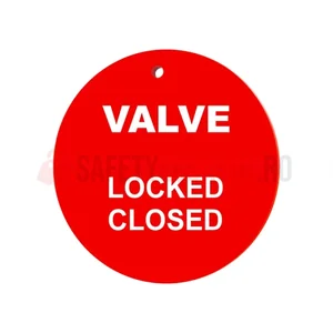 Etichetă de identificare pentru valvă, acrilic roșu, 100 mm, VALVE LOCKED CLOSED