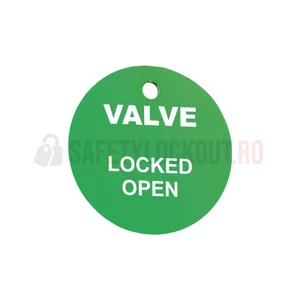 Etichetă din oțel inoxidabil pentru valve, verde, 40 mm — VALVE LOCKED OPEN