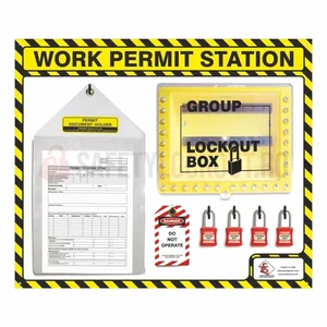 Stație LOTO cu umbră pentru permise de lucru, galben/negru, cu accesorii