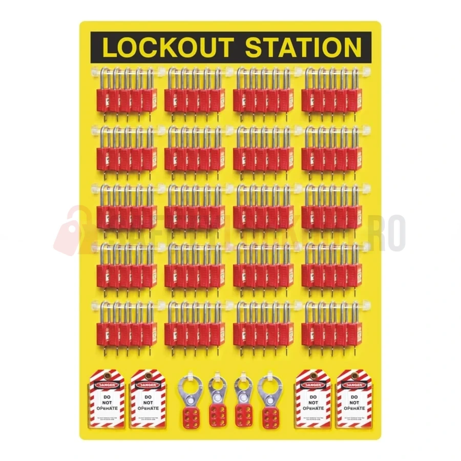 Stație LOTO deschisă cu vedere laterală, echipată, 100 lacăte — Stații LOTO deschise | Safety Lockout