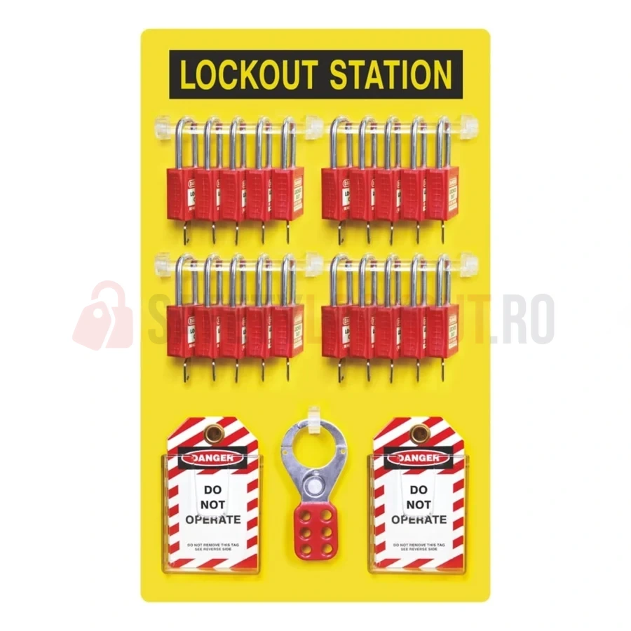 Stație LOTO deschisă cu vedere laterală pentru 20 lacăte, echipată — Stații LOTO deschise | Safety Lockout