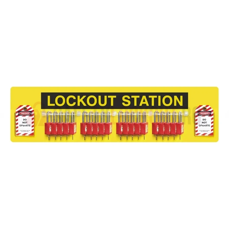 Stație LOTO deschisă cu vedere laterală, echipată pentru 20 lacăte — Stații LOTO deschise | Safety Lockout