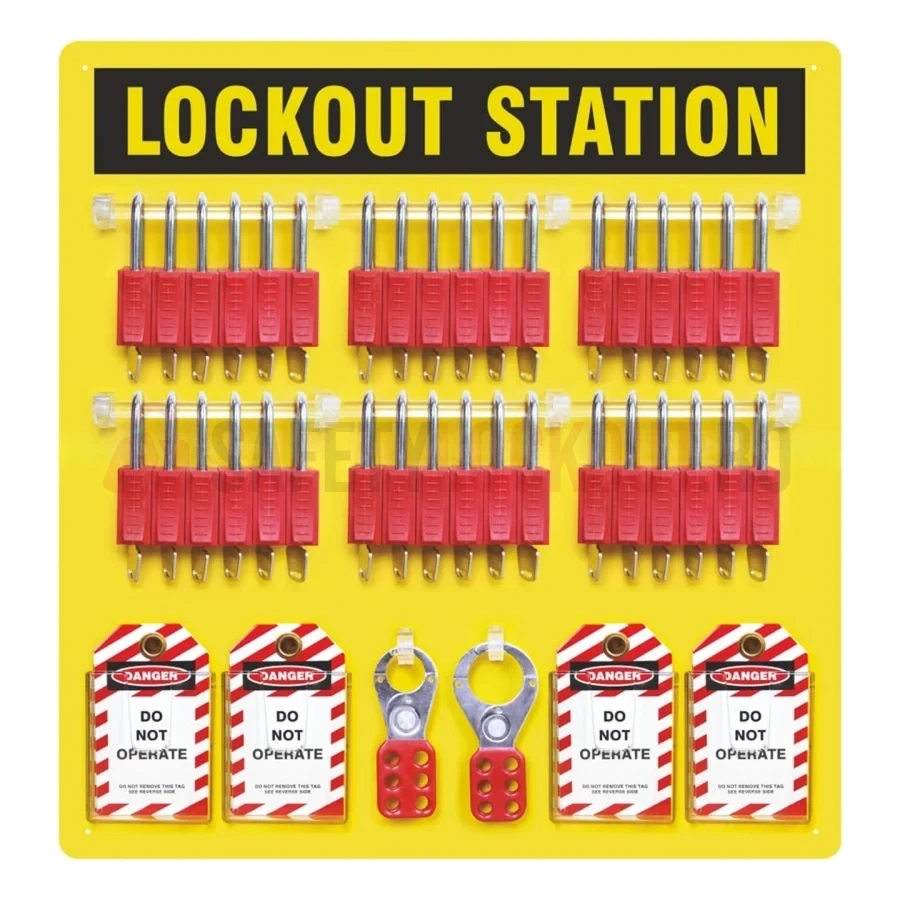 Stație LOTO deschisă cu vedere laterală, echipată, 36 lacăte — Stații LOTO deschise | Safety Lockout