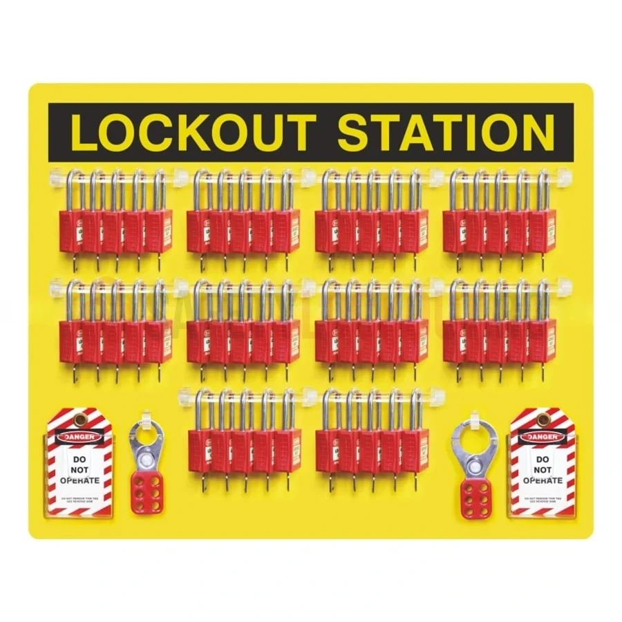Stație LOTO deschisă cu vedere laterală, complet echipată, 50 lacăte — Stații LOTO deschise | Safety Lockout
