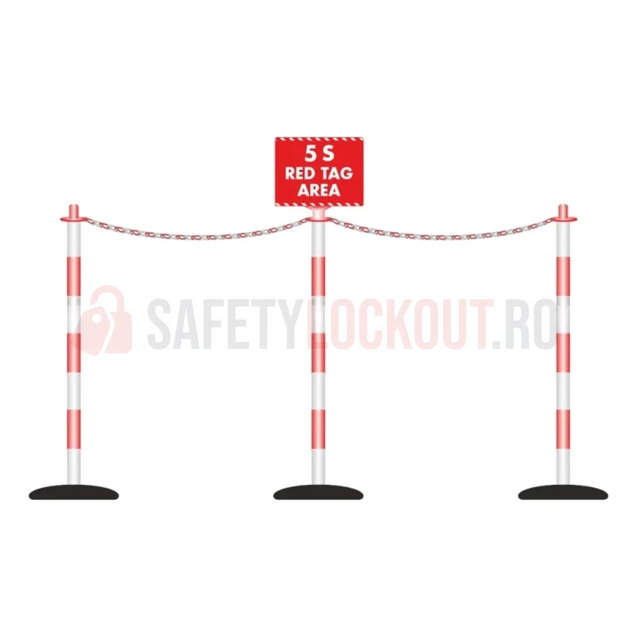 Sistem de delimitare 5S cu 3 stâlpi și 1 panou, roșu/alb — Bariere 5S | Safety Lockout