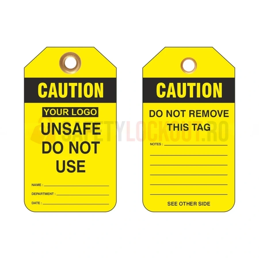 Etichete de blocare LOTO personalizate „Caution Unsafe Do Not Use”, galbene — Etichete LOTO personalizate | Safety Lockout