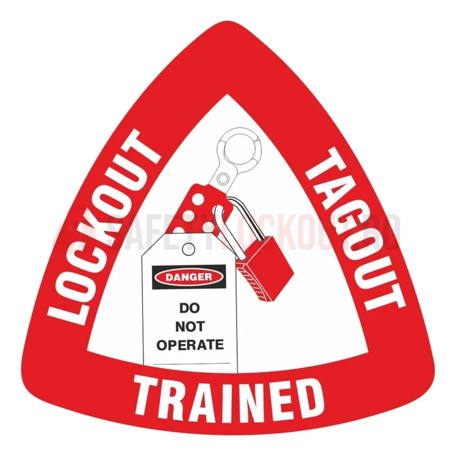Etichetă triunghiulară pentru cască de protecție – Instruit LOTO — Etichete pentru căști de protecție | Safety Lockout