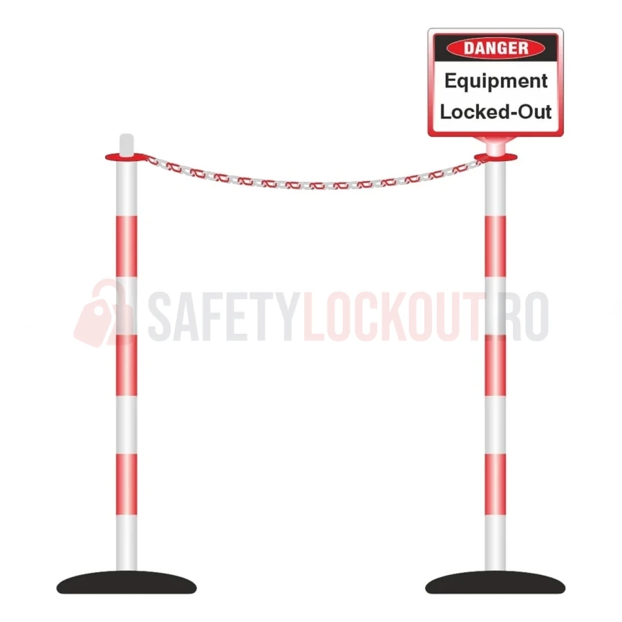 Sistem de delimitare și baricadare LOTO, 2 stâlpi și 1 panou, roșu/alb — Accesorii LOTO | Safety Lockout