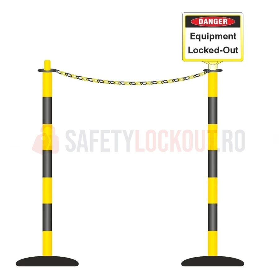 Sistem de delimitare și baricadare LOTO, 2 stâlpi și panou, galben/negru — Accesorii LOTO | Safety Lockout
