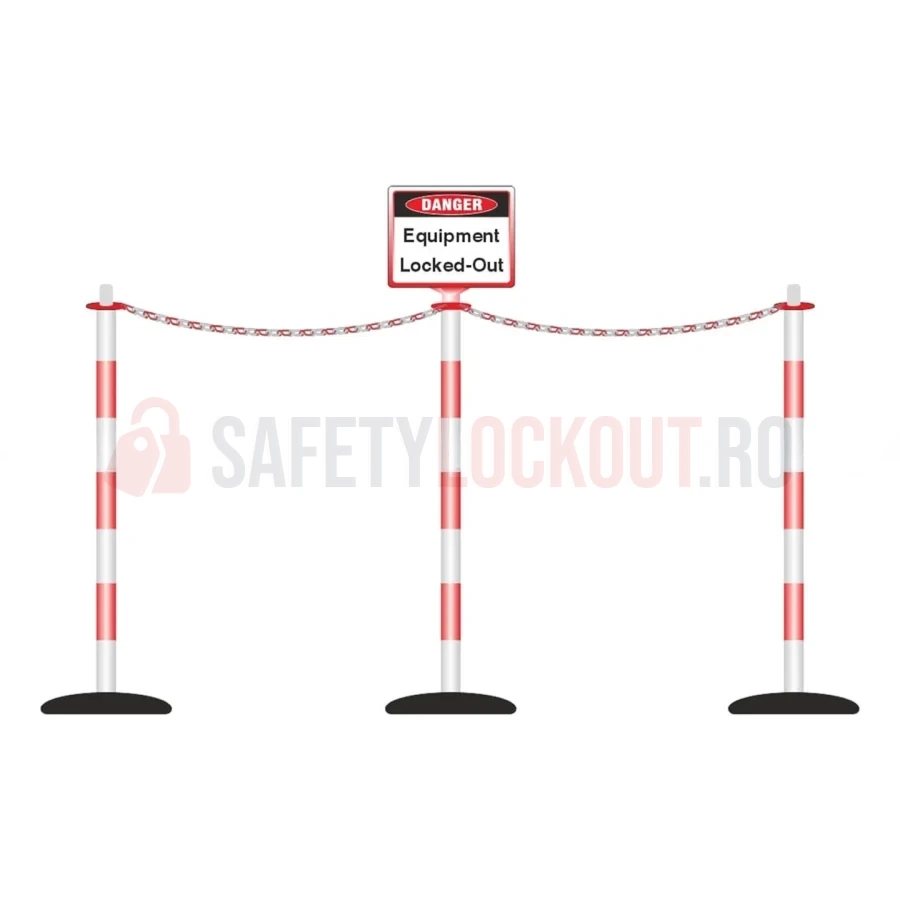 Sistem de delimitare și baricadare LOTO, 3 stâlpi și 1 indicator, roșu/alb — Accesorii LOTO | Safety Lockout