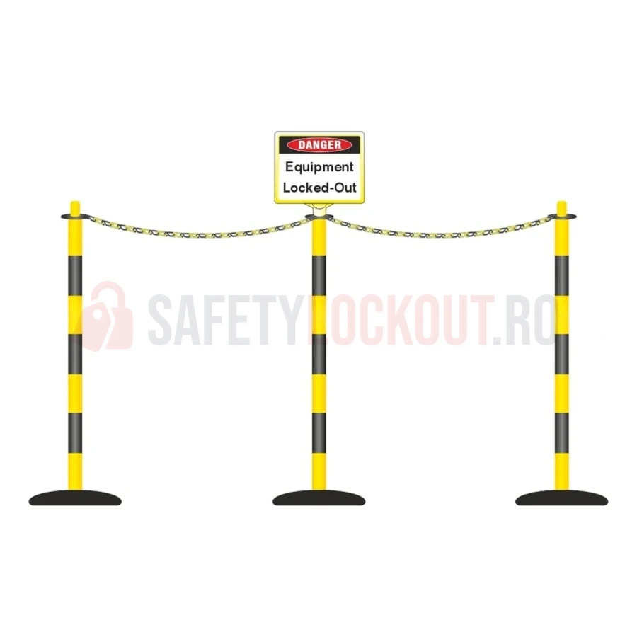 Sistem de delimitare LOTO cu 3 stâlpi și 1 panou, galben/negru — Accesorii LOTO | Safety Lockout
