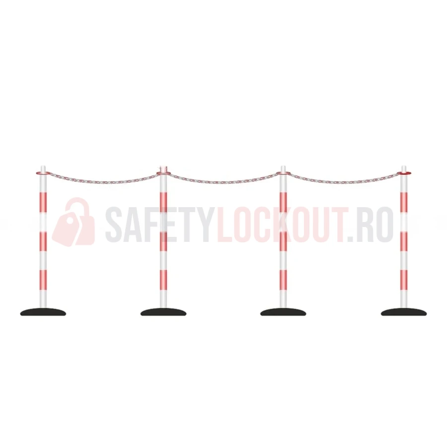 Sistem de delimitare și baricadare LOTO cu 4 stâlpi și indicator, roșu-alb — Accesorii LOTO | Safety Lockout