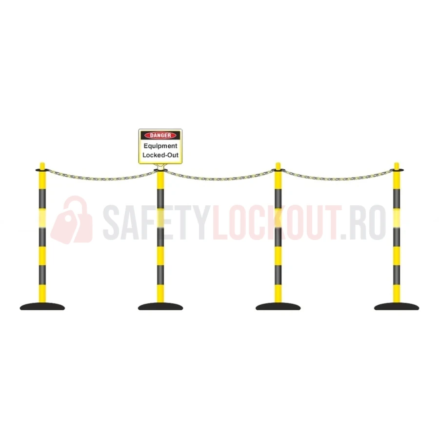 Sistem de delimitare și baricadare LOTO, 4 stâlpi și 1 indicator, galben/negru — Accesorii LOTO | Safety Lockout