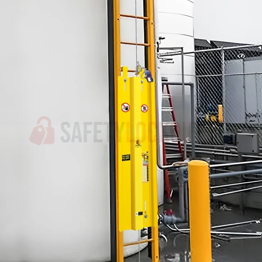 Dispozitiv de blocare din oțel pentru scară, cu profil înălțat și extensii laterale, 1575 x 432 mm — Dispozitive de blocare pentru scări | Safety Lockout