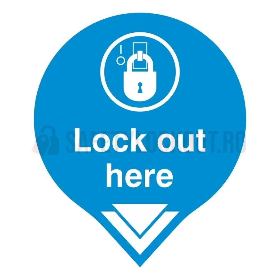 Indicator LOTO de perete „Lockout Here” (albastru), 18″ x 24″ — Indicatoare și etichete de siguranță LOTO | Safety Lockout
