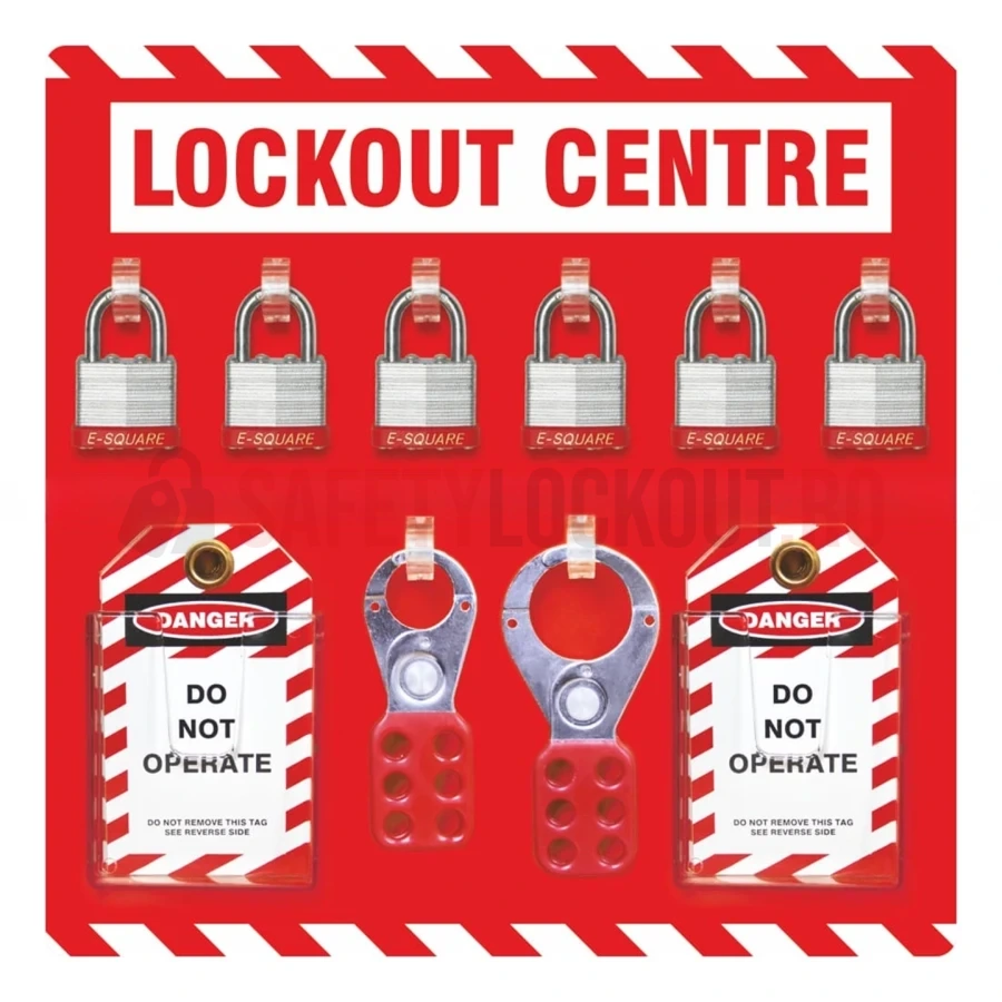 Stație LOTO deschisă, roșie, echipată pentru 6 lacăte — Stații LOTO deschise cu vizualizare frontală | Safety Lockout