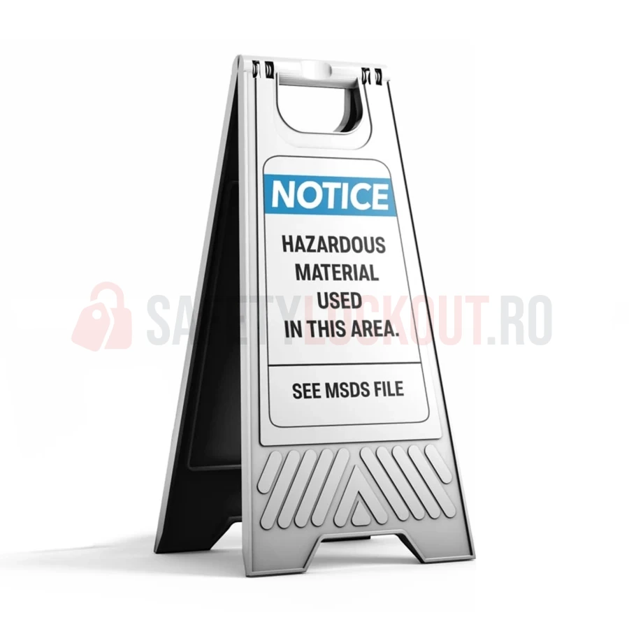 Panou de podea portabil — Notice Hazardous Material Used in this Area. See MSDS Files — Cabinete pentru comunicarea pericolelor și fișe tehnice de securitate (MSDS) | Safety Lockout