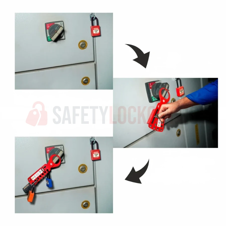 Hasp LOTO din oțel cu spațiu pentru chei, 9 orificii — Hasp LOTO din oțel cu spațiu pentru depozitarea cheilor | Safety Lockout