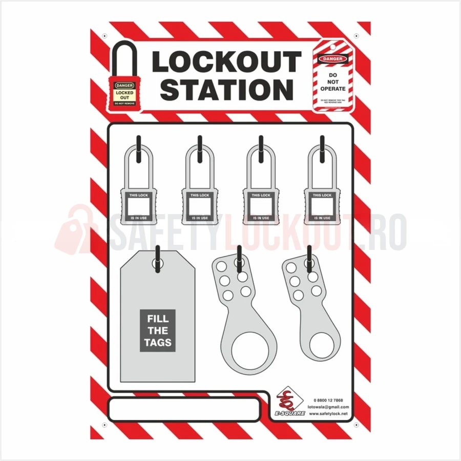 Stație LOTO cu umbră pentru 4 lacăte, roșu/alb, 4 mm ACP — Panouri de umbră roșu / alb | Safety Lockout