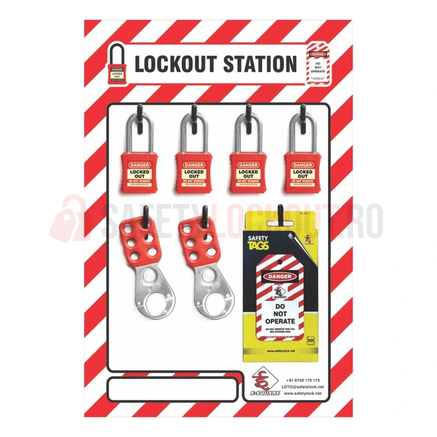 Stație LOTO cu umbră pentru 4 lacăte, 2 hasp-uri și etichete — Panouri de umbră roșu / alb | Safety Lockout