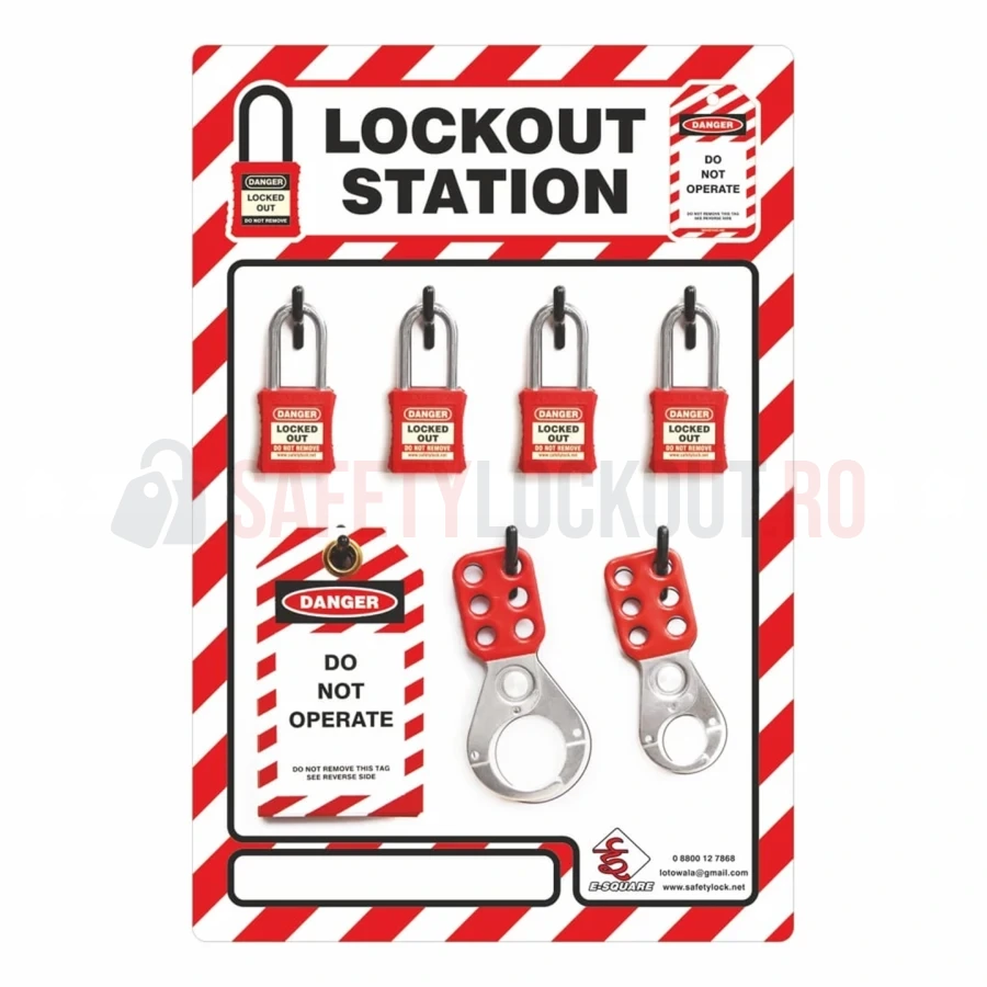 Stație LOTO cu umbră pentru 4 lacăte, echipată — Panouri de umbră roșu / alb | Safety Lockout
