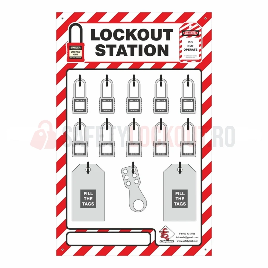 Stație LOTO cu umbră pentru 10 lacăte, 4 mm ACP — Panouri de umbră roșu / alb | Safety Lockout
