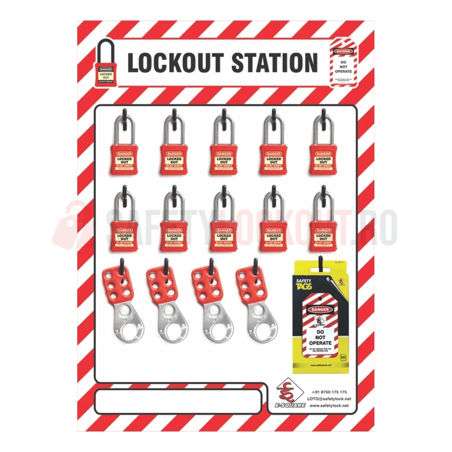 Stație LOTO cu umbră pentru 10 lacăte, 4 hasp-uri și etichete — Panouri de umbră roșu / alb | Safety Lockout