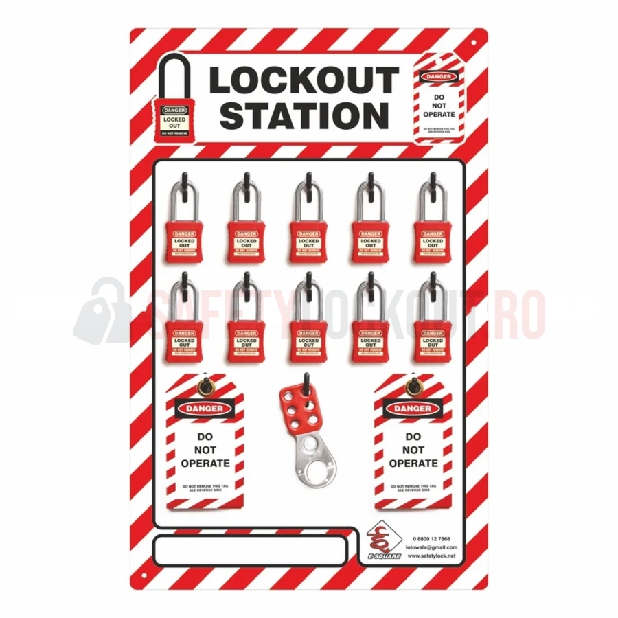 Stație LOTO cu umbră pentru 10 lacăte, echipată, 15″ x 23.5″ — Panouri de umbră roșu / alb | Safety Lockout