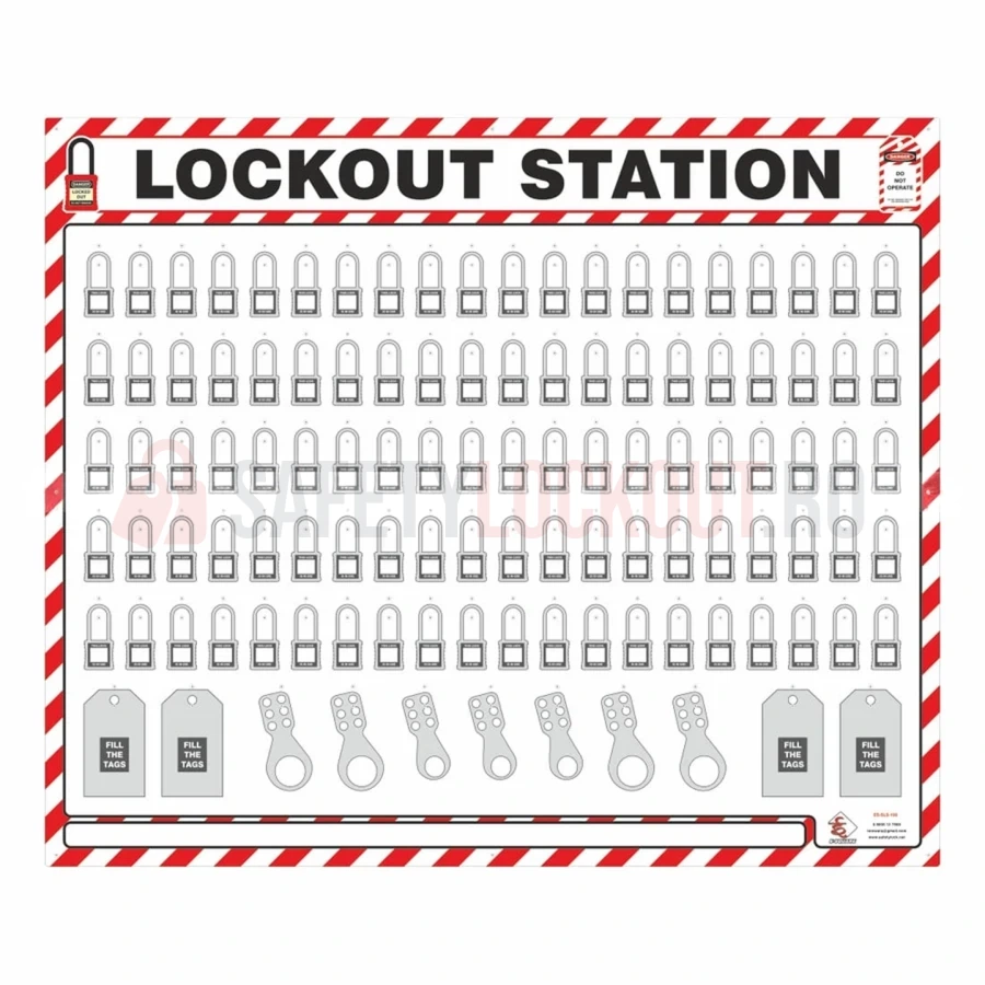 Stație LOTO cu umbră pentru 100 de lacăte, 1168 x 978 mm — Panouri de umbră roșu / alb | Safety Lockout