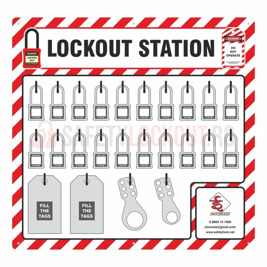 Stație LOTO cu umbră pentru 20 de lacăte, roșu/alb, 23″ x 22″ — Panouri de umbră roșu / alb | Safety Lockout