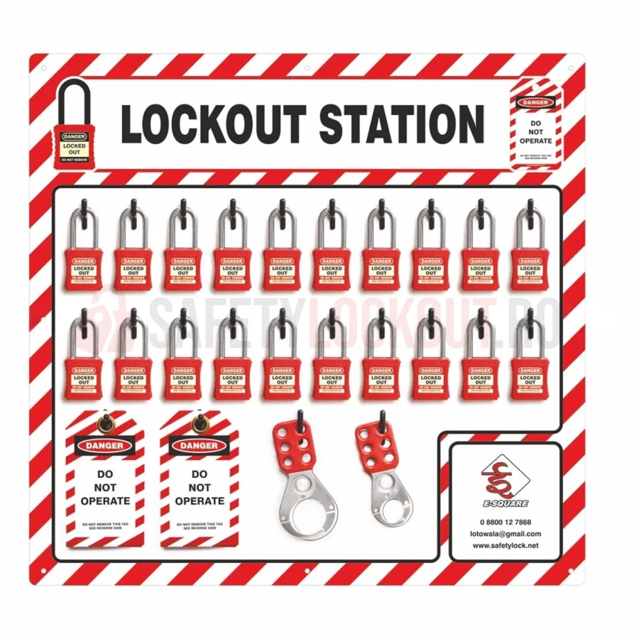 Stație LOTO cu umbră pentru 20 de lacăte, echipată — Panouri de umbră roșu / alb | Safety Lockout
