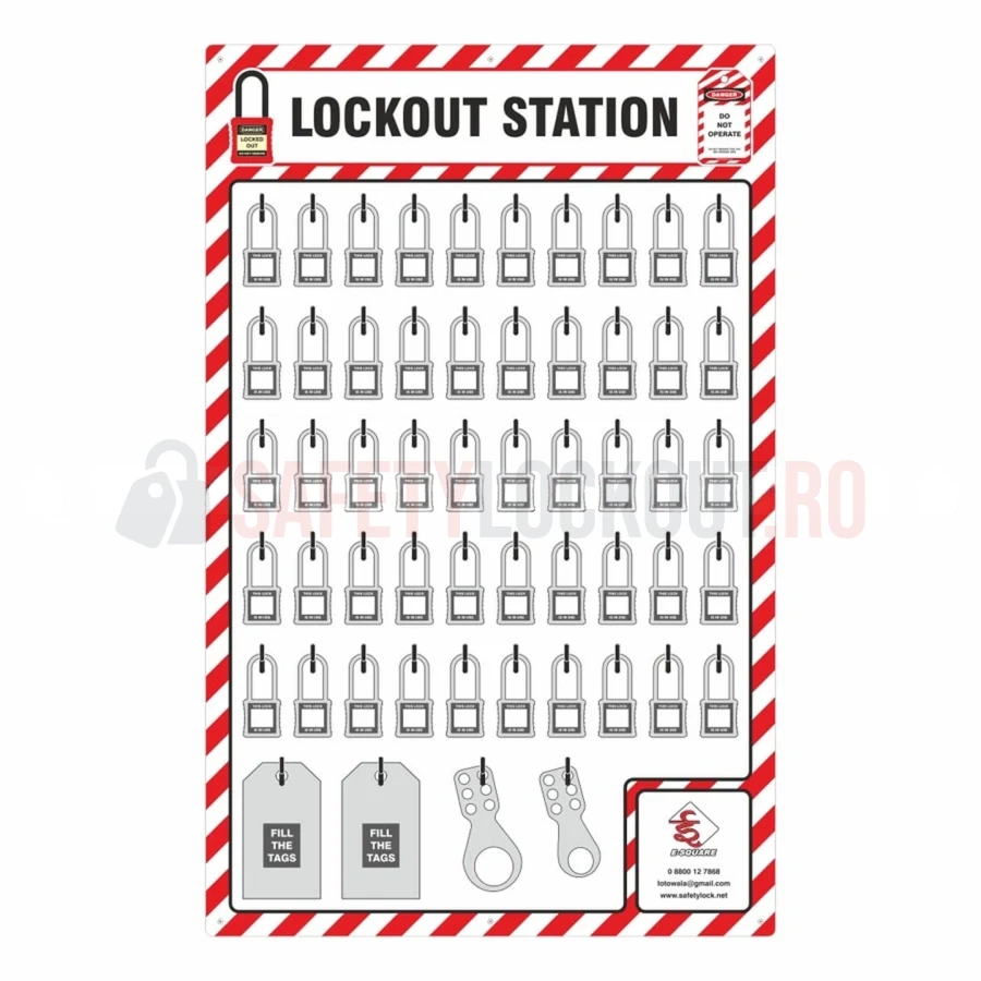 Stație LOTO cu umbră pentru 50 de lacăte, 23″ x 36″ — Panouri de umbră roșu / alb | Safety Lockout