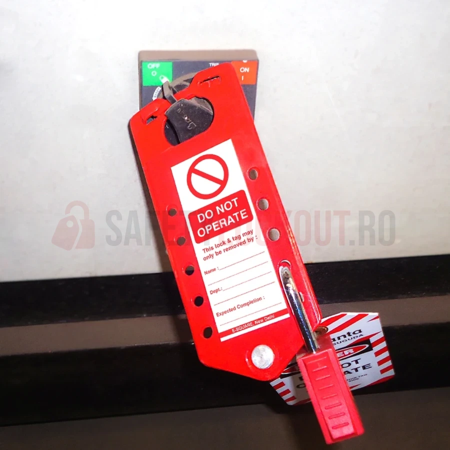 Hasp LOTO cu etichetă TAGO, aluminiu, roșu — Hasp LOTO din aluminiu | Safety Lockout