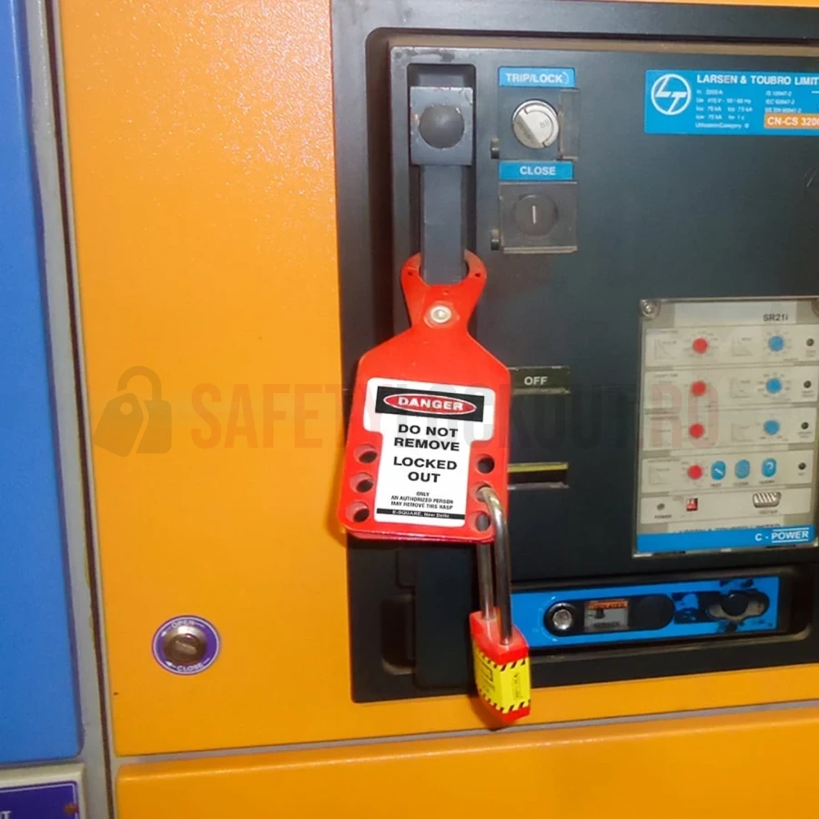 Hasp LOTO cu etichetă TAGO, aluminiu, roșu, 6 orificii — Hasp LOTO din aluminiu | Safety Lockout