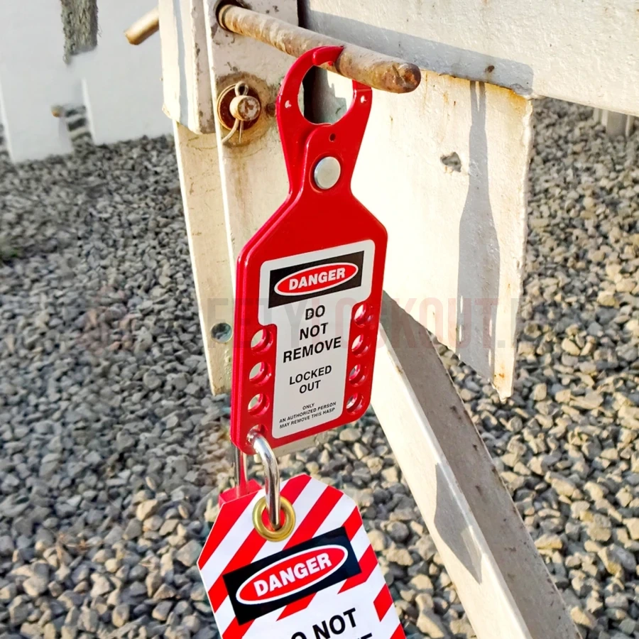 Hasp LOTO cu etichetă TAGO, aluminiu, roșu, 8 orificii — Hasp LOTO din aluminiu | Safety Lockout