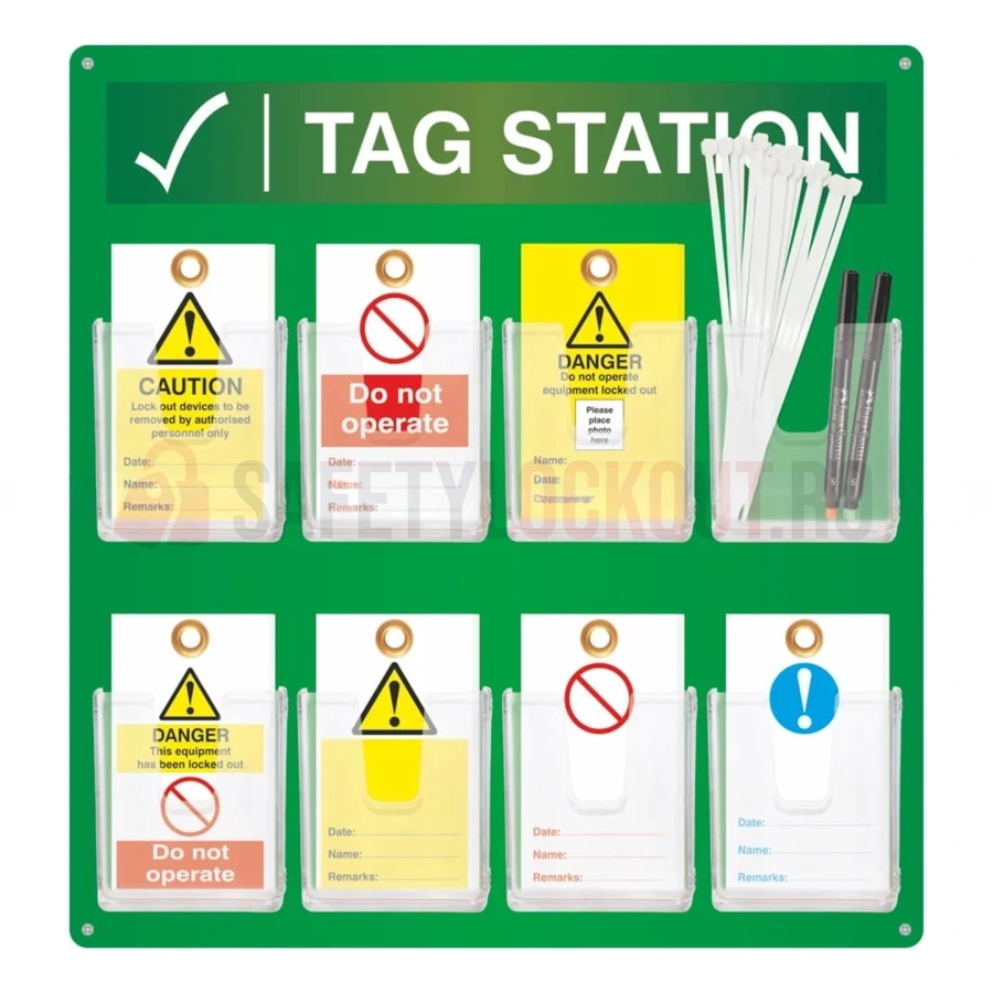 Stație pentru etichete LOTO, pătrată, cu 8 buzunare — Etichete de blocare LOTO | Safety Lockout
