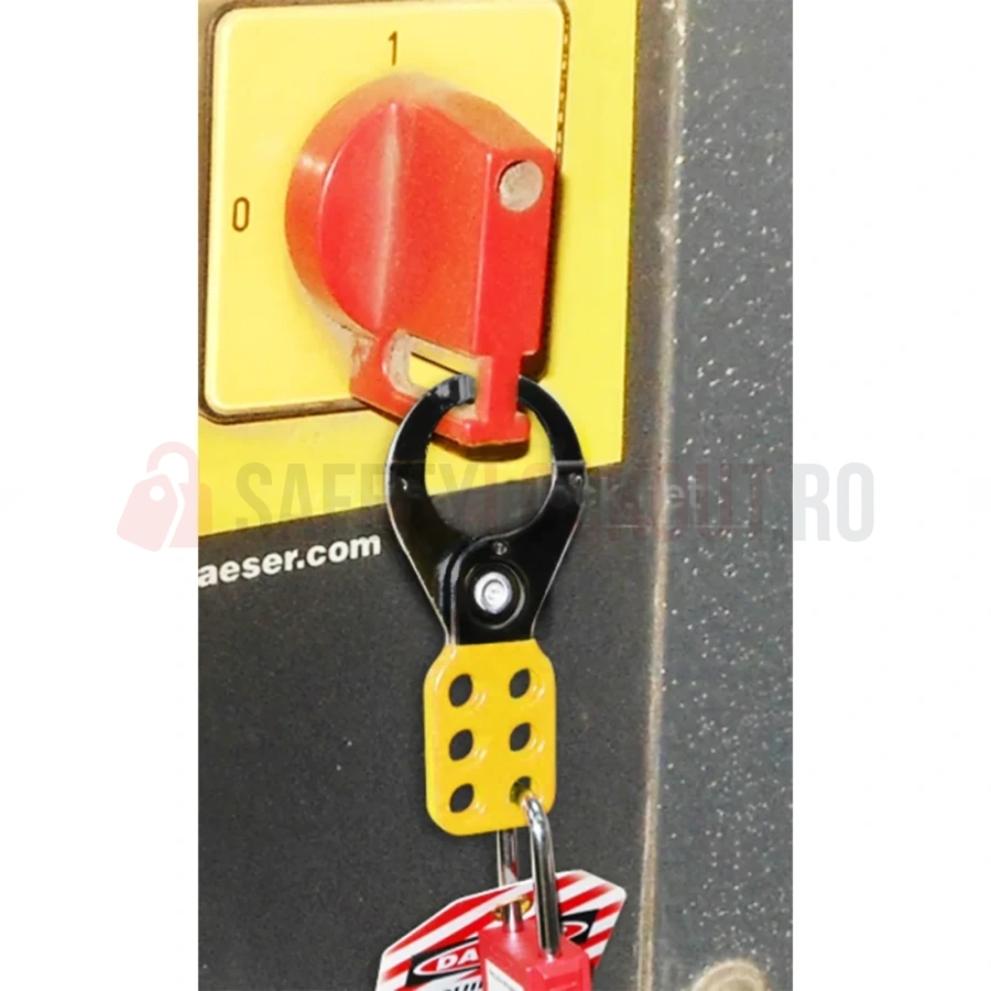 Hasp LOTO metalic Premier cu vinil galben/negru, fălci 38 mm — Hasp LOTO | Safety Lockout