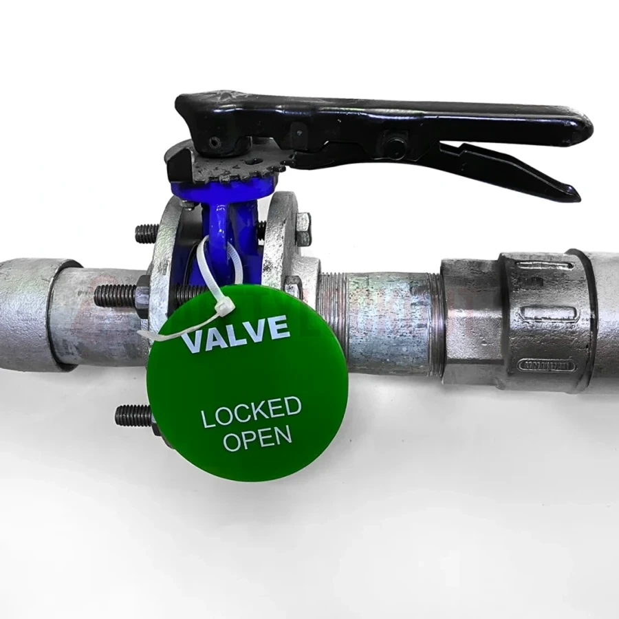 Etichetă de identificare din acril pentru valvă, verde, 100 mm — Locked Open — Etichete de identificare pentru valve | Safety Lockout