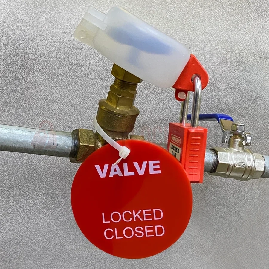 Etichetă de identificare pentru valvă, acrilic roșu, 100 mm, VALVE LOCKED CLOSED — Etichete de identificare pentru valve | Safety Lockout
