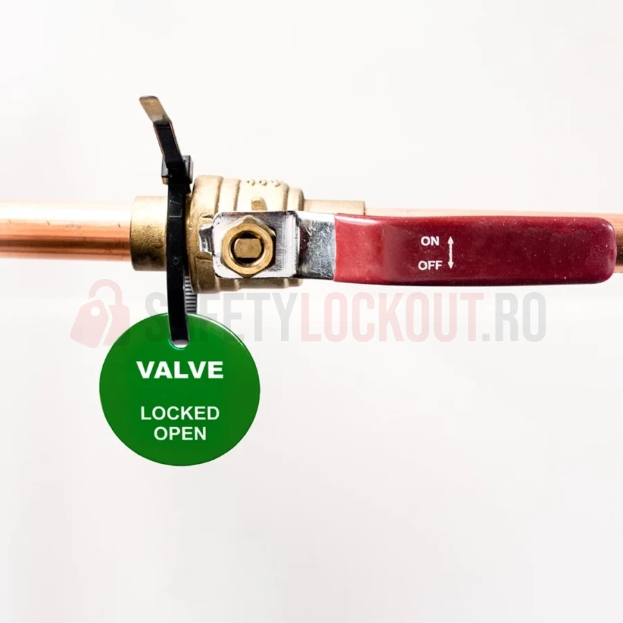 Etichetă din oțel inoxidabil pentru valve, verde, 40 mm — VALVE LOCKED OPEN — Etichete de identificare pentru valve | Safety Lockout