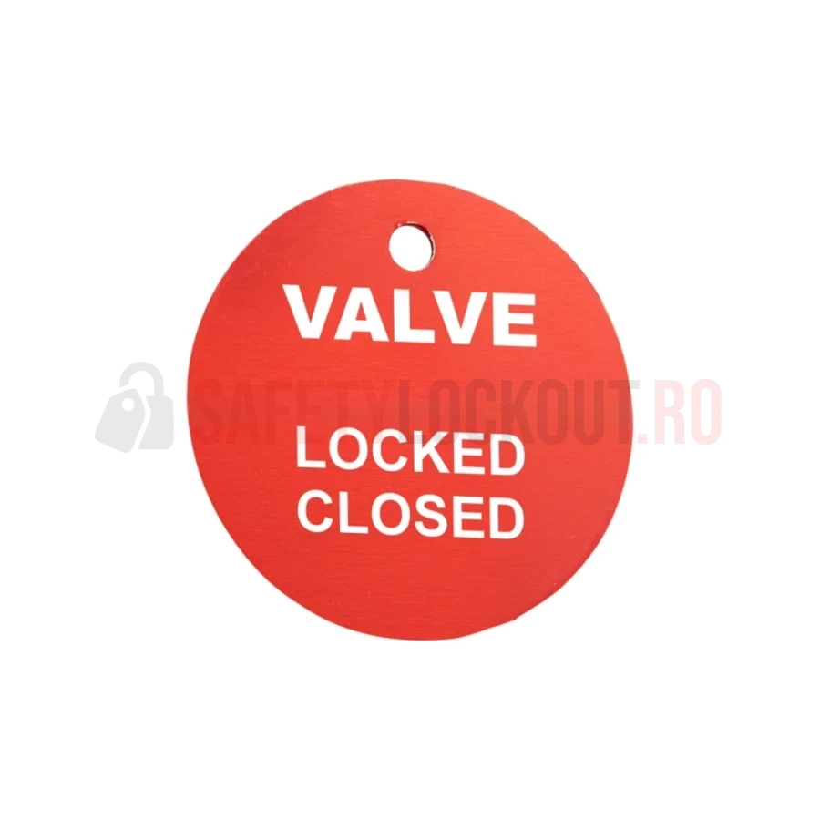 Etichetă de identificare pentru valvă, inox, 40 mm, „Locked Closed”, roșie — Etichete de identificare pentru valve | Safety Lockout