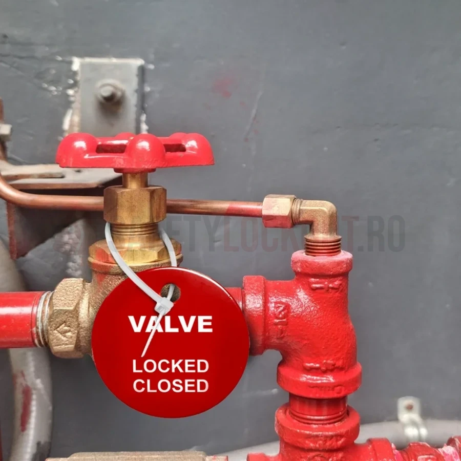 Etichetă de identificare pentru valvă, inox, 40 mm, „Locked Closed”, roșie — Etichete de identificare pentru valve | Safety Lockout