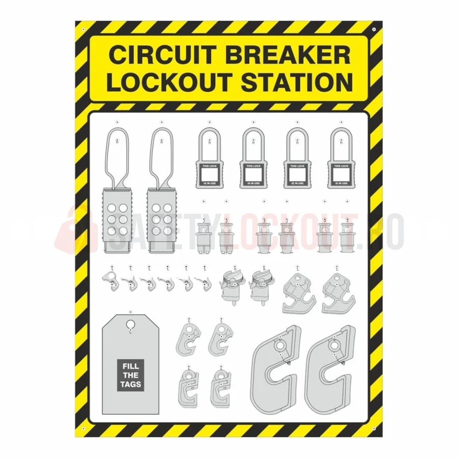 Stație LOTO cu umbră pentru disjunctoare, galben/negru, 17″ x 23″ — Stații LOTO cu umbră | Safety Lockout