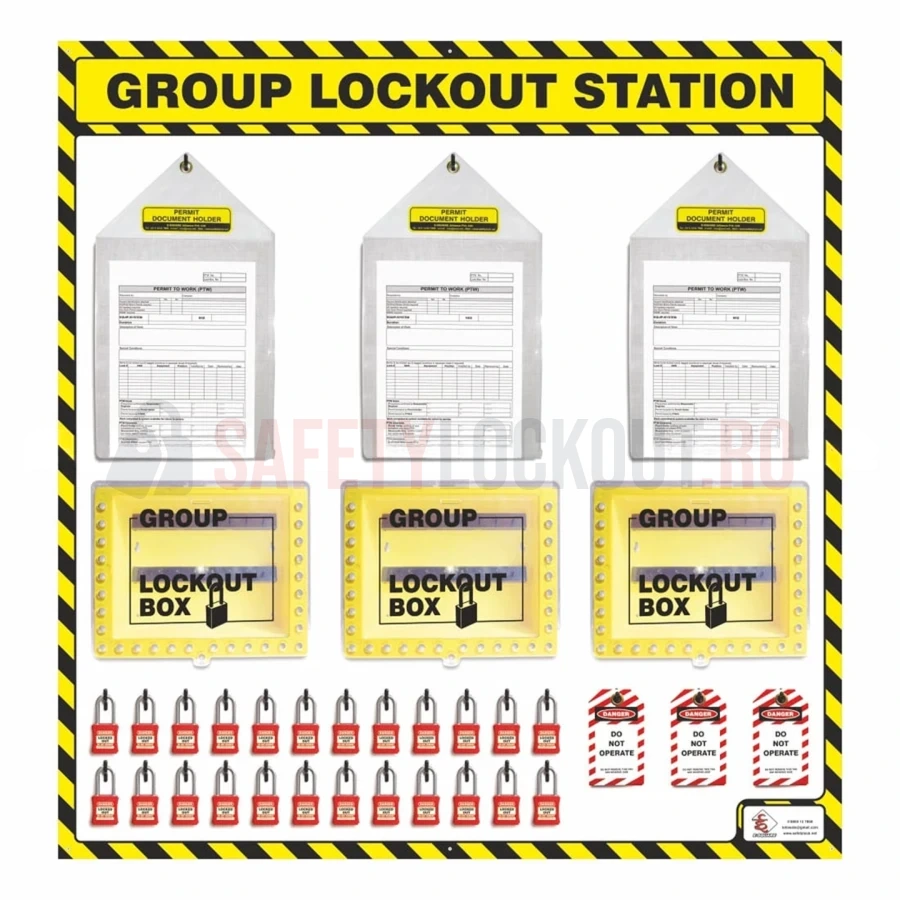 Stație LOTO de grup cu umbră, galben/negru, complet echipată, 46″ x 48″ — Stații LOTO cu umbră | Safety Lockout