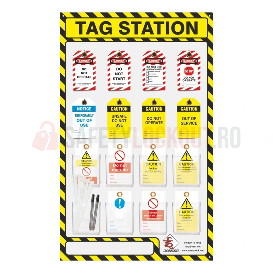 Stație pentru etichete LOTO, galben/negru, 16 buzunare — Etichete de blocare LOTO | Safety Lockout