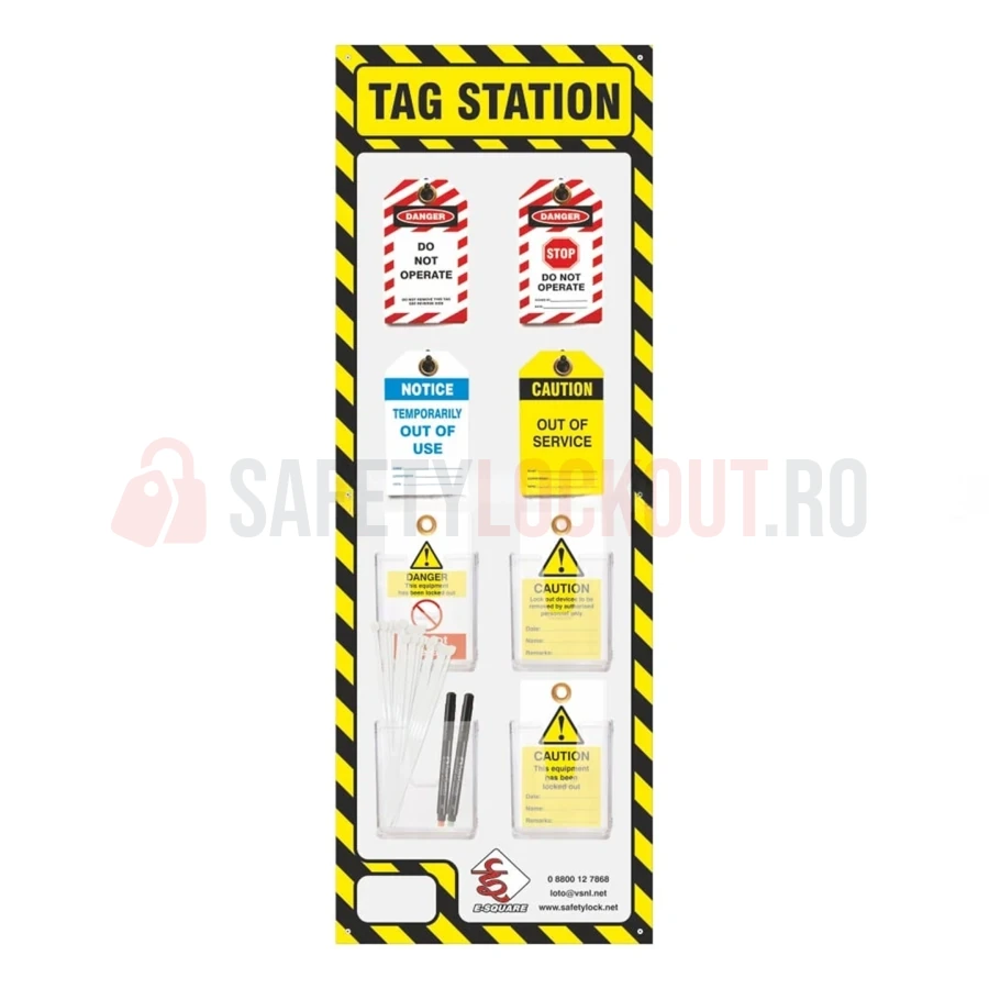 Stație LOTO pentru etichete, galben/negru, 8 buzunare — Etichete de blocare LOTO | Safety Lockout