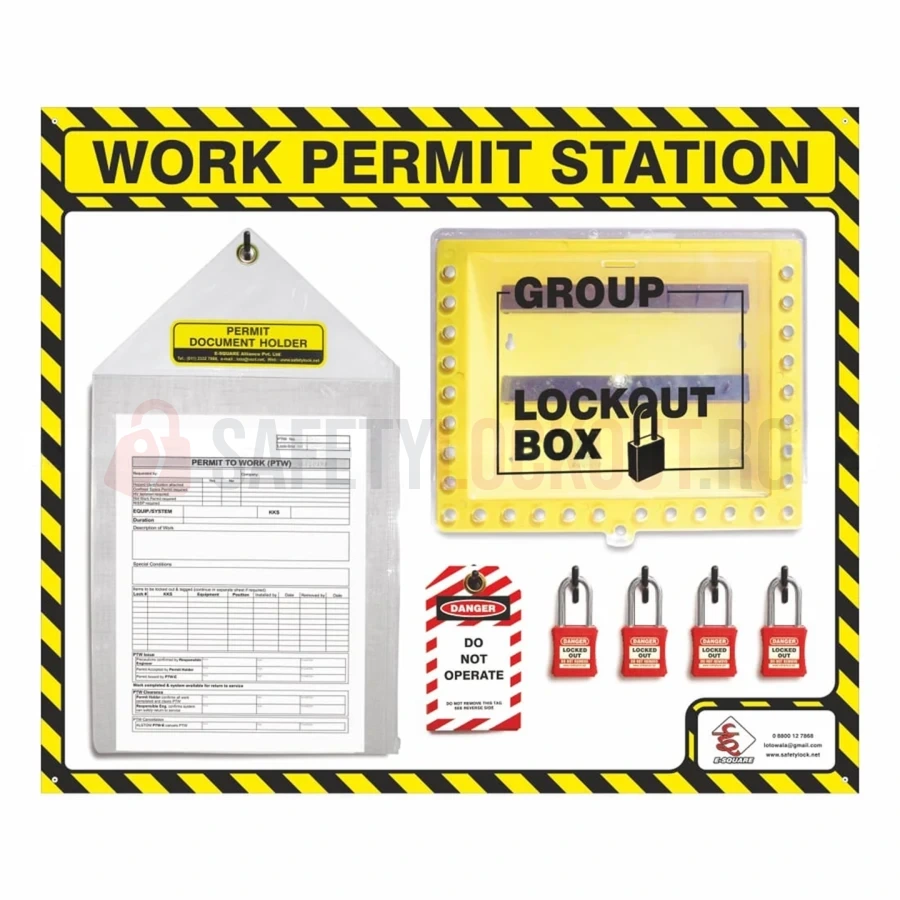 Stație LOTO cu umbră pentru permise de lucru, galben/negru, cu accesorii — Stații LOTO cu umbră | Safety Lockout