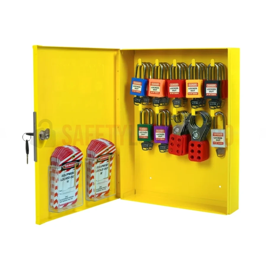 Dulap LOTO galben metalic pentru 20 de lacăte, complet echipat — Stații LOTO | Safety Lockout